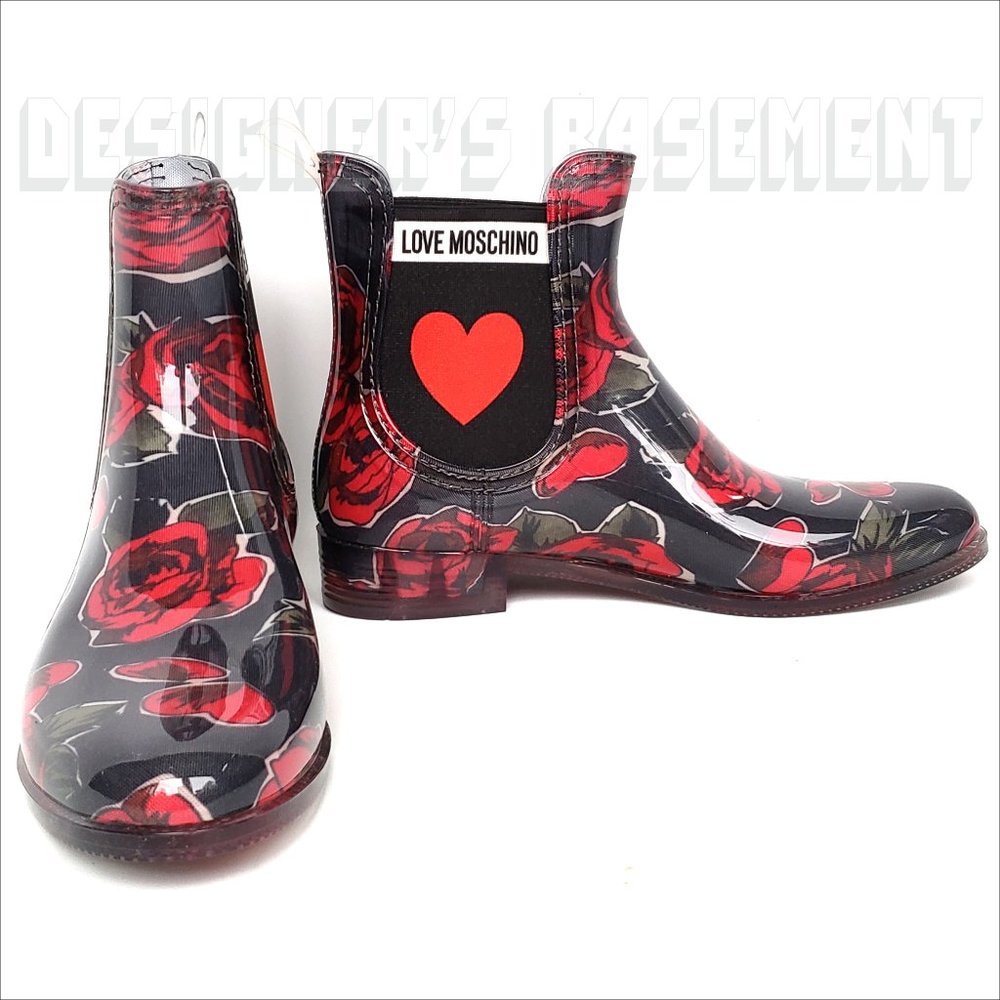 LOVE MOSCHINO rubber 40 - 9US black red ROSES & logo HEART ankle Rain Boots NIB - Picture 4 of 6